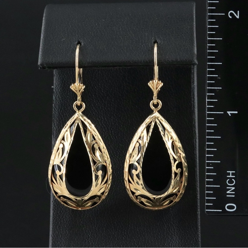 Elegant 14k Yellow Gold and Black Onyx Teardrop Earrings - Picture 2 of 6